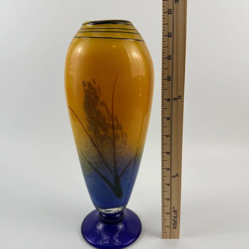 Art Glass Vase Amber Blue Cattail Reed Motif Pedestal Vase